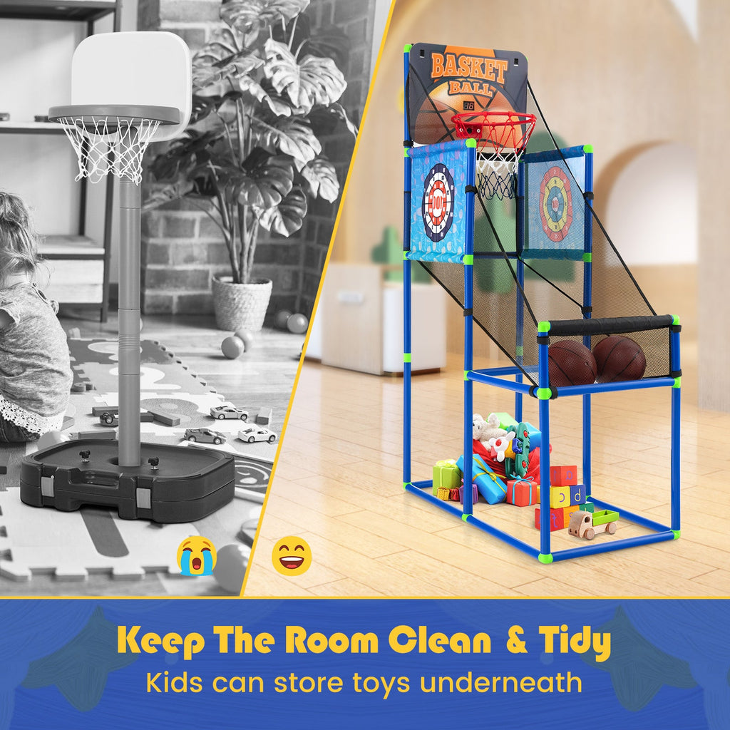 Kids Basketball Arcade Game showing electronic scoreboard, 2 basketballs, sticky ball targets and PVC frame