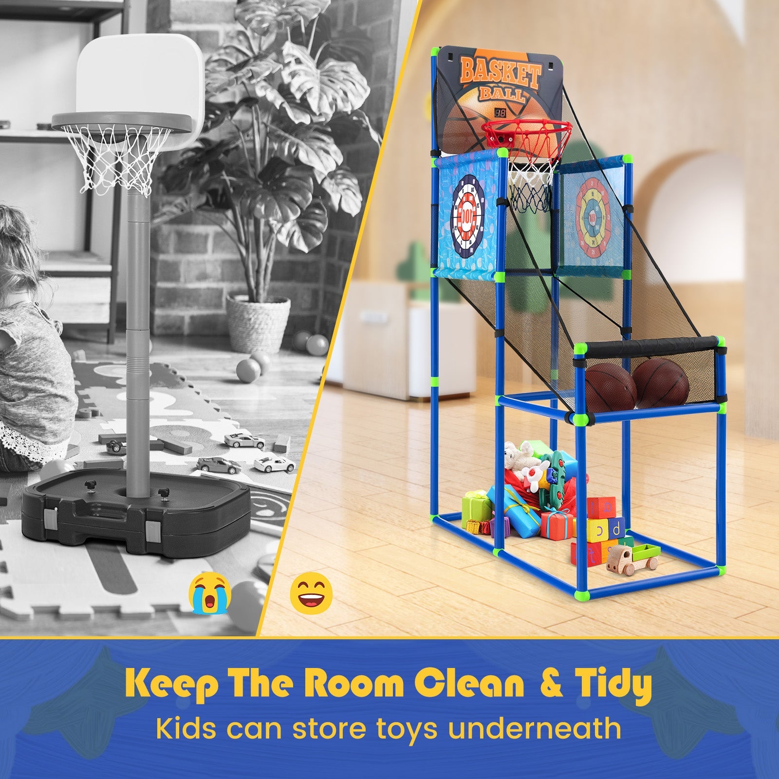 Kids Basketball Arcade Game showing electronic scoreboard, 2 basketballs, sticky ball targets and PVC frame