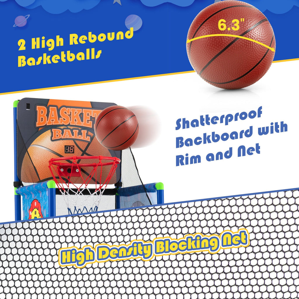 Kids Basketball Arcade Game showing electronic scoreboard, 2 basketballs, sticky ball targets and PVC frame