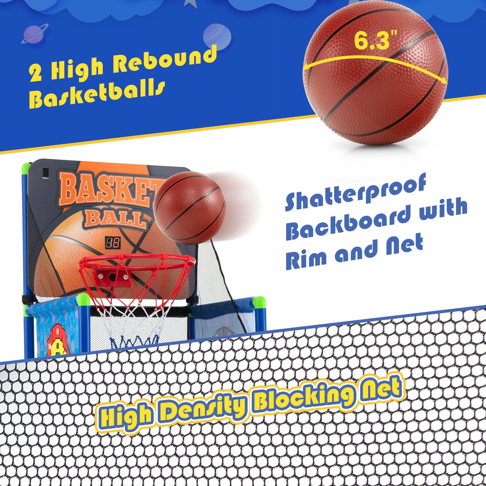 Kids Basketball Arcade Game showing electronic scoreboard, 2 basketballs, sticky ball targets and PVC frame