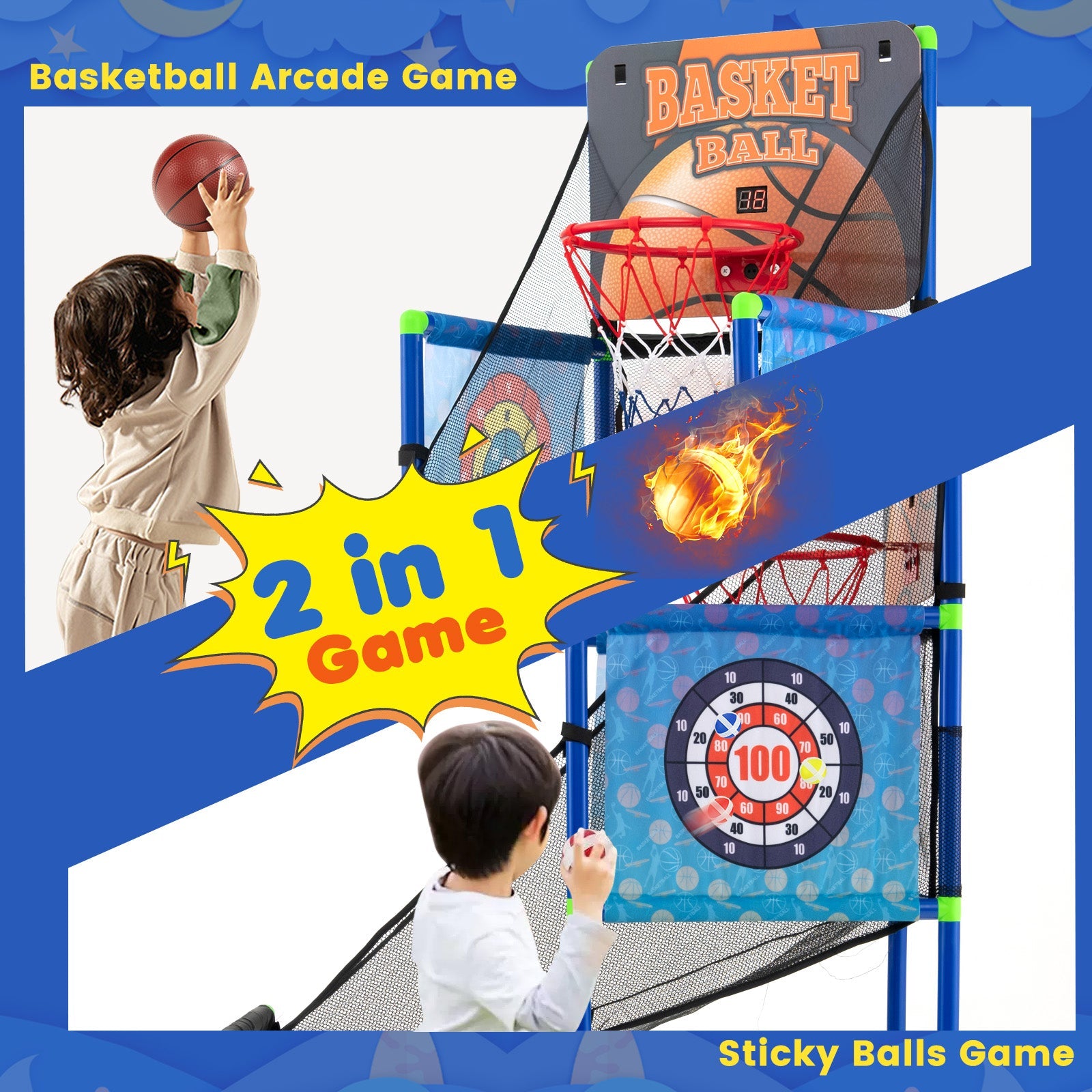 Kids Basketball Arcade Game showing electronic scoreboard, 2 basketballs, sticky ball targets and PVC frame