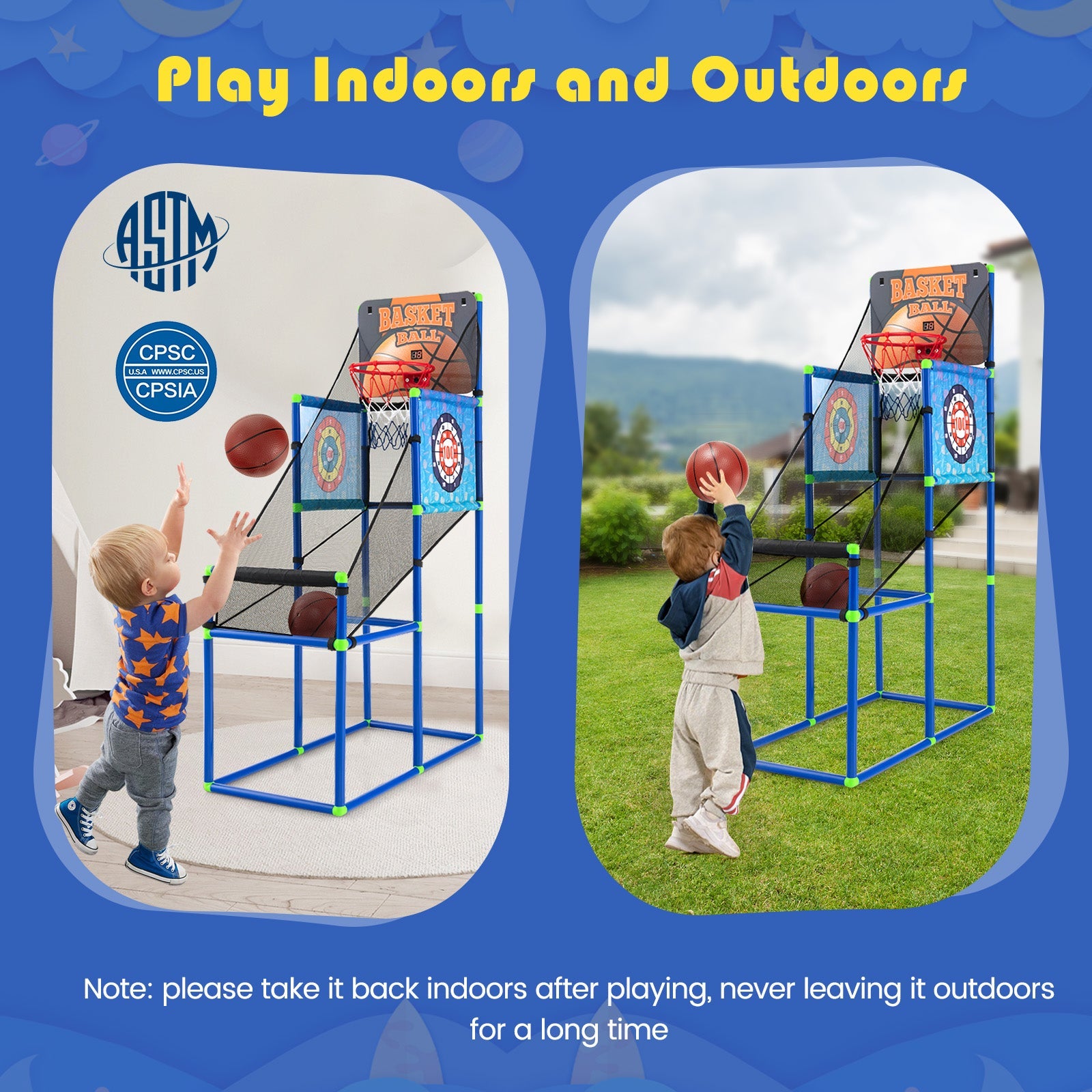 Kids Basketball Arcade Game showing electronic scoreboard, 2 basketballs, sticky ball targets and PVC frame