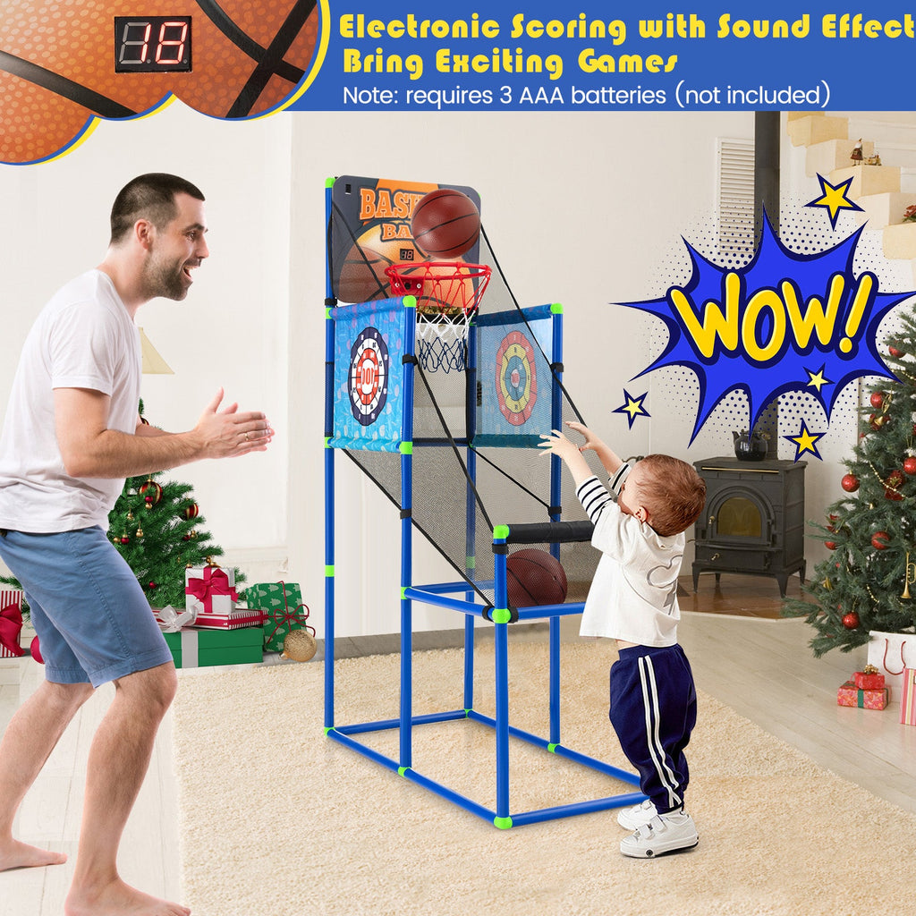 Toddler and parent playing with Kids Basketball Arcade Game with electronic scoreboard indoors