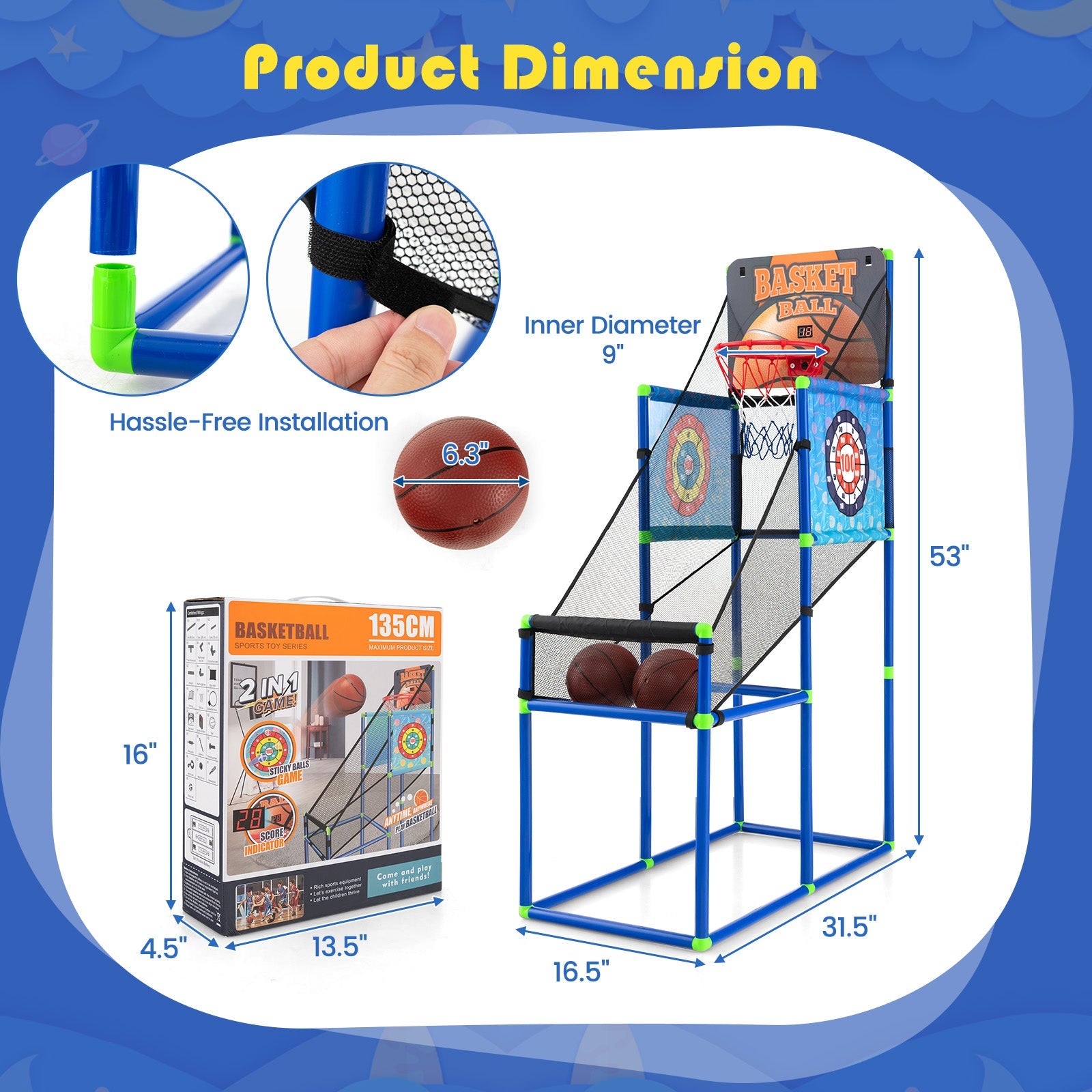 Kids Basketball Arcade Game showing electronic scoreboard, 2 basketballs, sticky ball targets and PVC frame