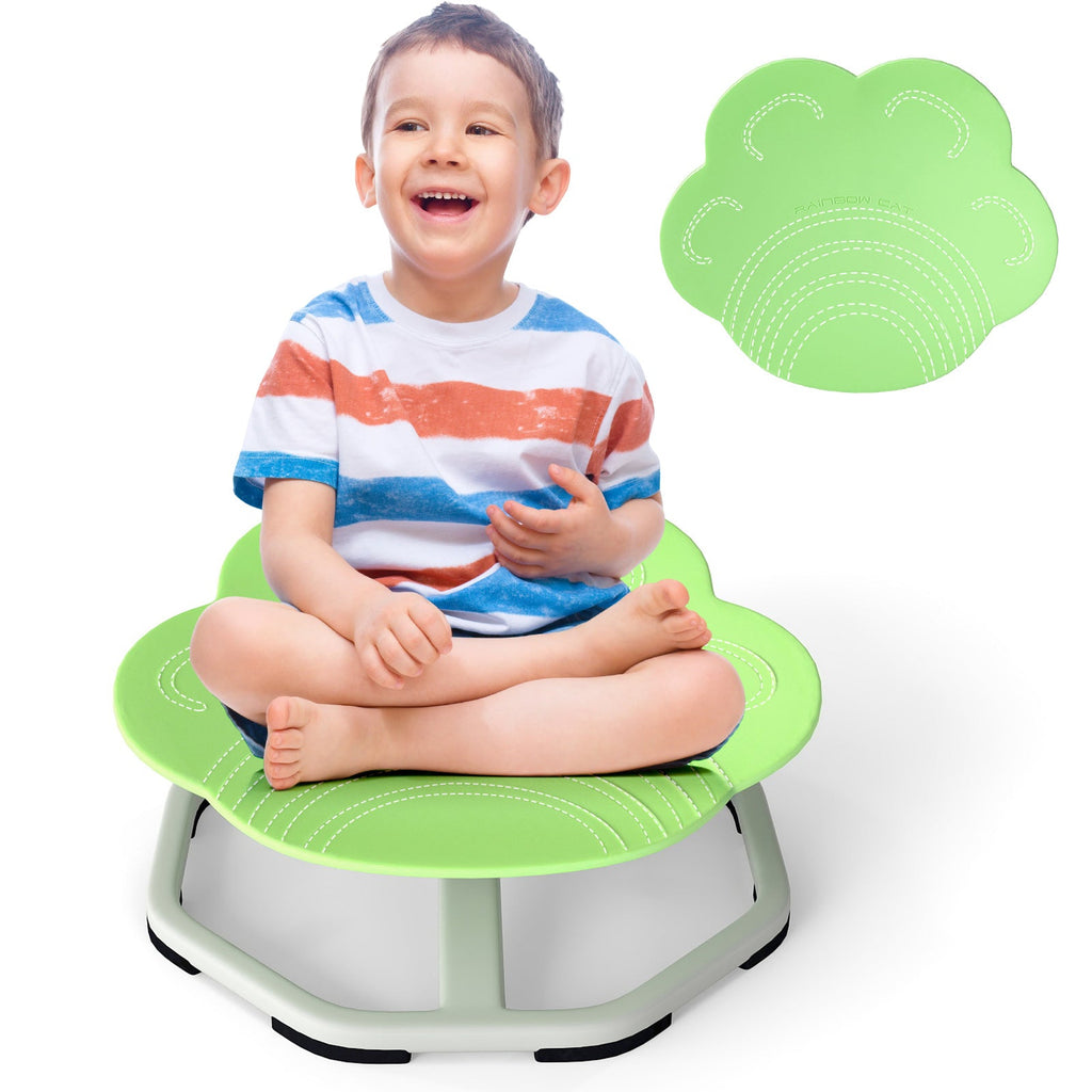 Child sitting on Kids Sensory Spinning Chair with mother watching in bright playroom