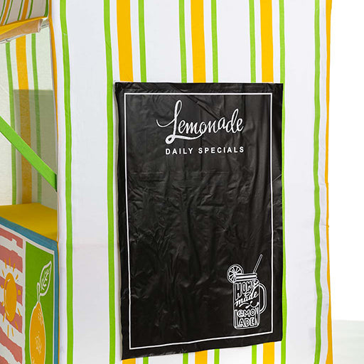 Kids Lemonade Stand showing chalkboard panels, scalloped trim, service window and included apron
