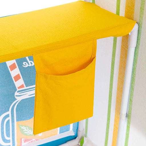 Kids Lemonade Stand showing chalkboard panels, scalloped trim, service window and included apron