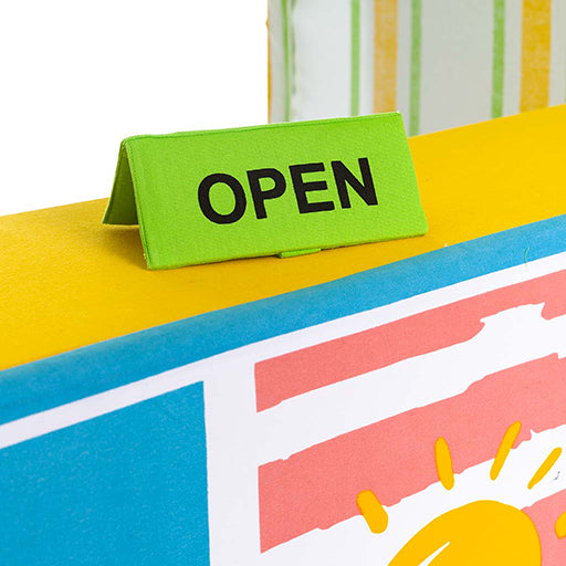Kids Lemonade Stand showing chalkboard panels, scalloped trim, service window and included apron
