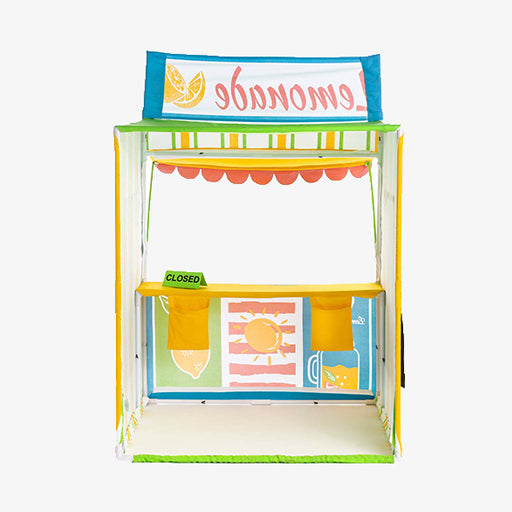 Kids Lemonade Stand showing chalkboard panels, scalloped trim, service window and included apron