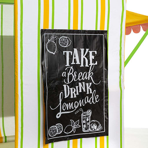 Kids Lemonade Stand showing chalkboard panels, scalloped trim, service window and included apron
