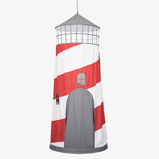 Lighthouse Play Tent for kids showing red and white spiral cotton canvas design with mesh window at top