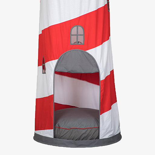 Lighthouse Play Tent for kids showing red and white spiral cotton canvas design with mesh window at top