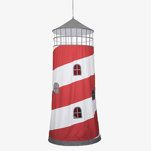Lighthouse Play Tent for kids showing red and white spiral cotton canvas design with mesh window at top