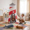 Two children playing inside Lighthouse Play Tent with red and white striped design in a colorful playroom