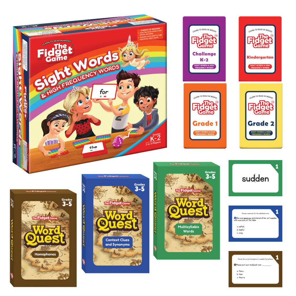 The Fidget Game Sight Words Edition components close-up showing pop-it boards and colorful sight word cards