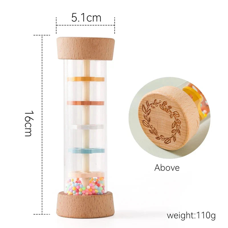 Montessori baby rain stick rattle toy with rainbow colors and wooden cork ends for infant sensory play