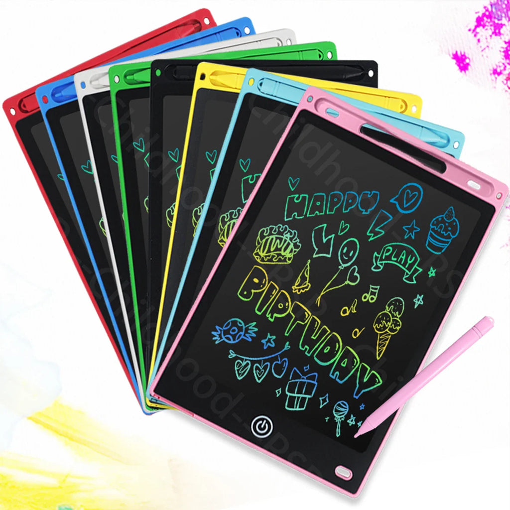 LCD writing tablets for kids available in multiple colors — pink, blue, green, and black