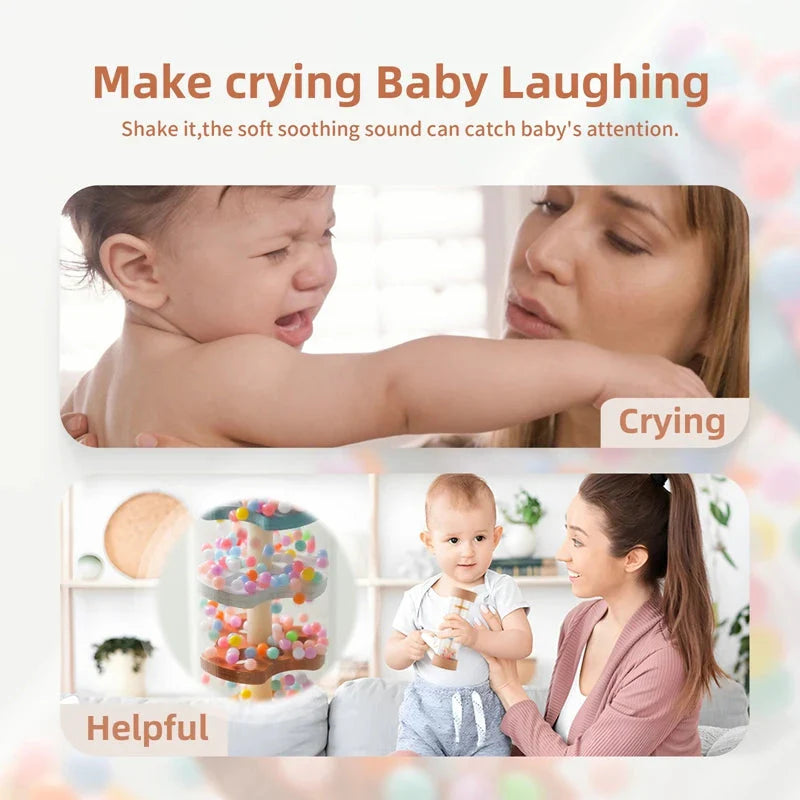 Smiling baby holding Montessori rain stick rattle toy showing easy-to-grasp size for small hands