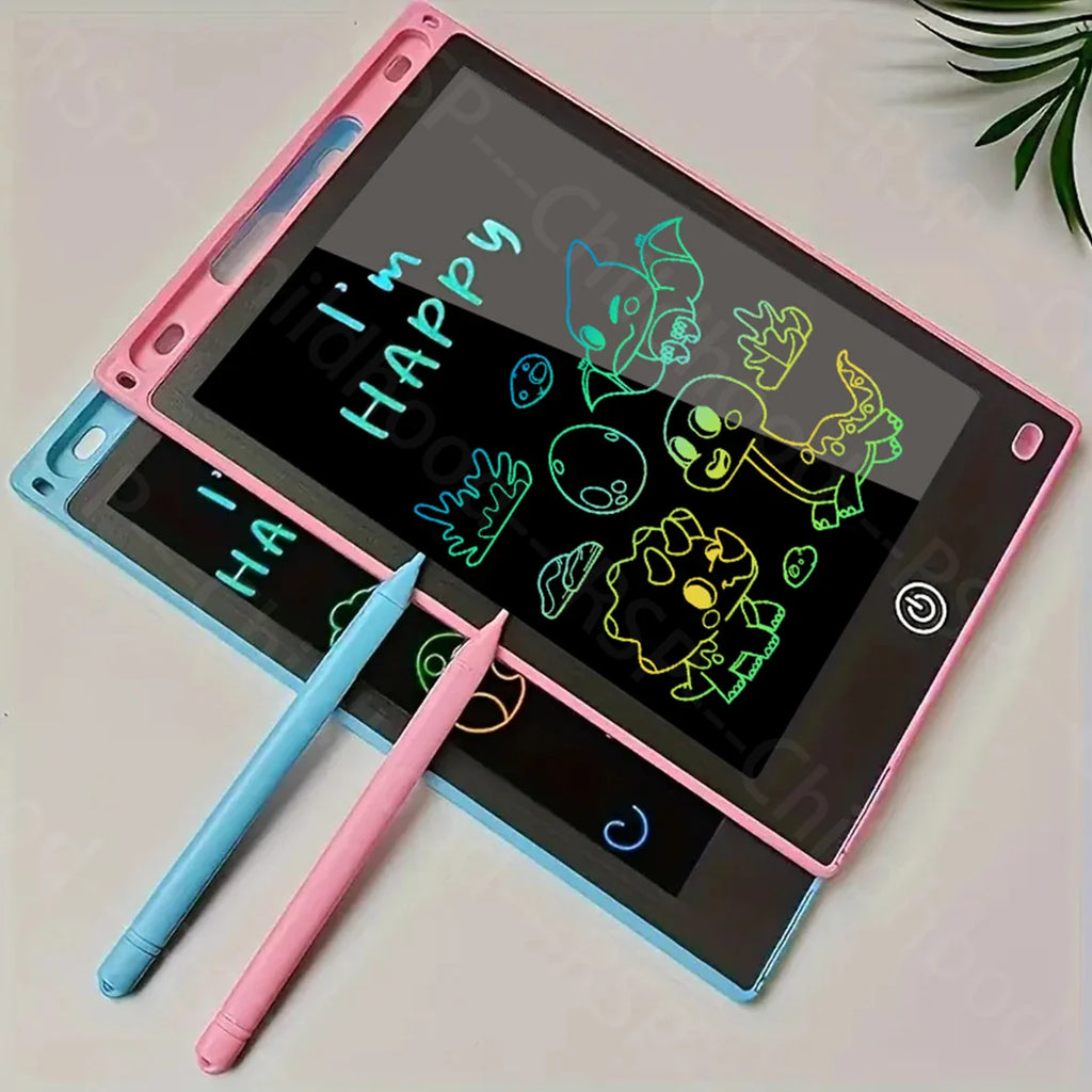 8.5 inch LCD writing tablet for kids in pink with stylus showing colorful drawing on screen