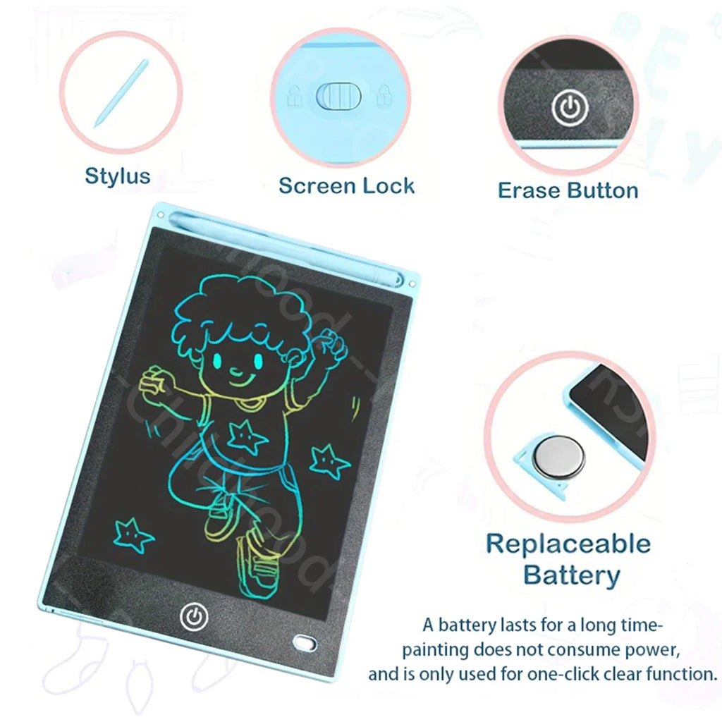Children drawing and writing on LCD writing tablets at home and school
