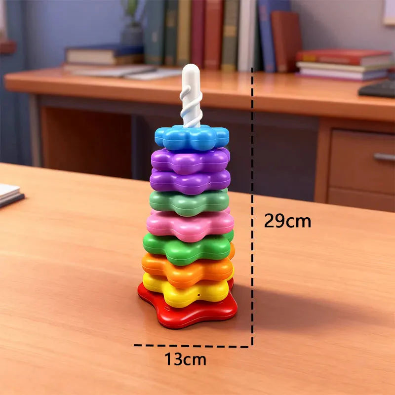 Montessori rainbow stacking tower dimensions showing 29cm height and 13cm base width
