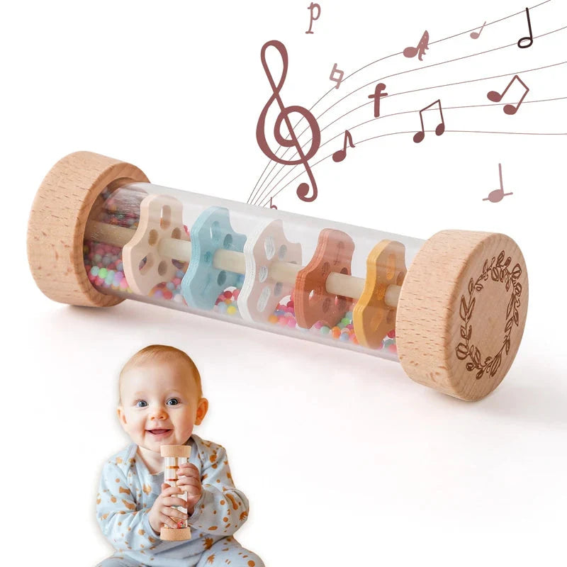 Montessori baby rain stick rattle toy with rainbow colors and wooden cork ends for infant sensory play