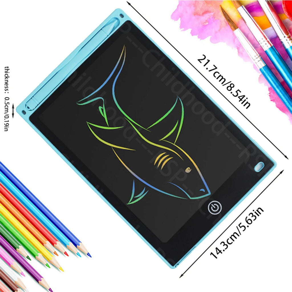 Children drawing and writing on LCD writing tablets at home and school
