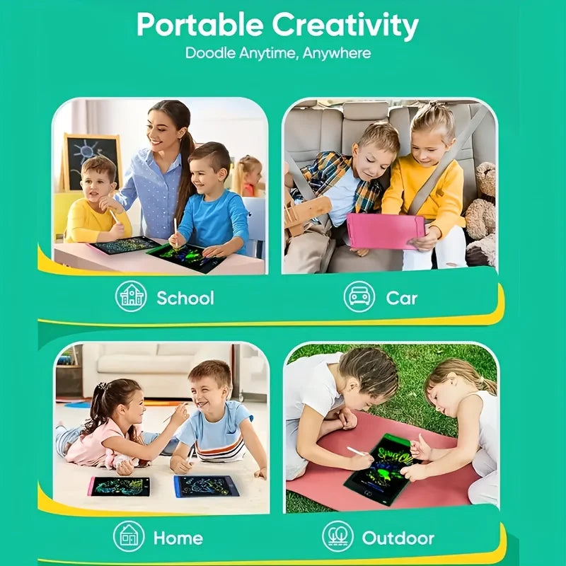 Children drawing and writing on LCD writing tablets at home and school
