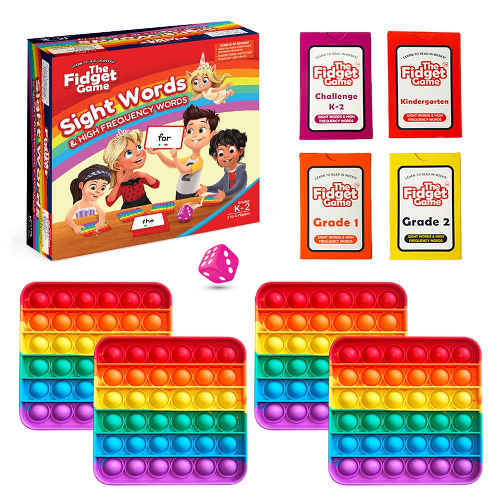 The Fidget Game Sight Words Edition showing game box with colorful pop-it fidget boards and grade level card sets