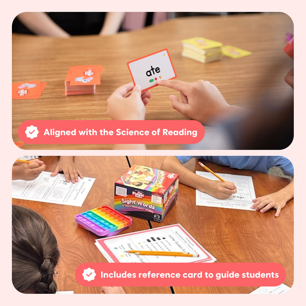 Two boys playing The Fidget Game Sight Words Edition showing engaged reading card game play