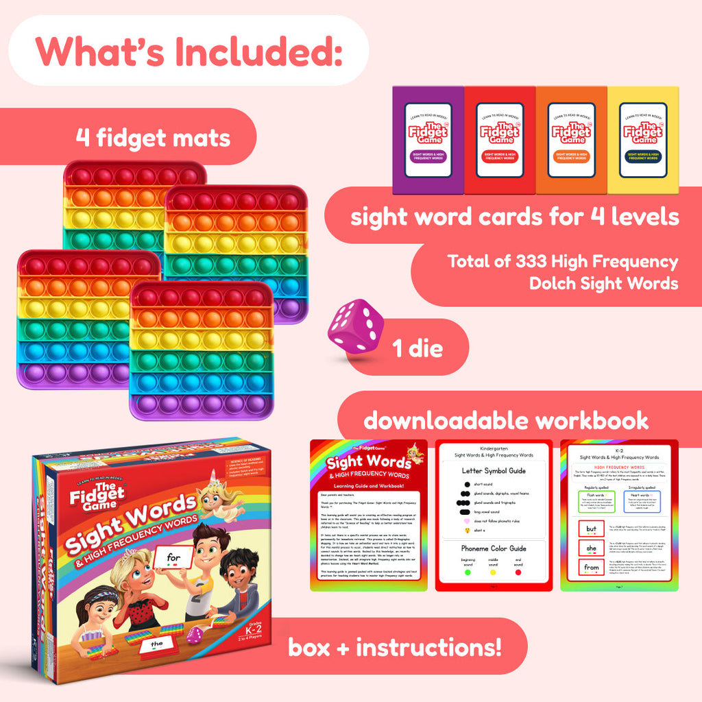 The Fidget Game Sight Words Edition contents showing 4 pop-it boards, sight word cards, and lightning link cards