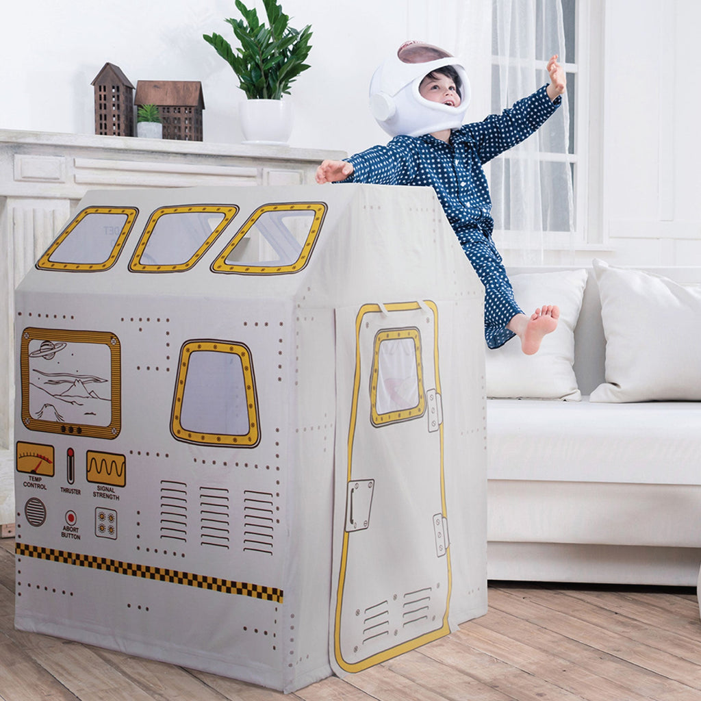 Space Station Play Tent for kids showing detailed control panel graphics and cotton canvas construction