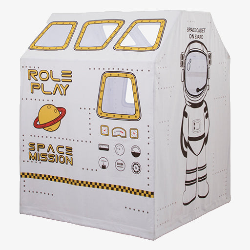 Space Station Play Tent for kids showing detailed control panel graphics and cotton canvas construction