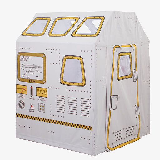 Space Station Play Tent for kids showing detailed control panel graphics and cotton canvas construction