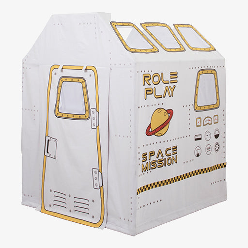 Space Station Play Tent for kids showing detailed control panel graphics and cotton canvas construction