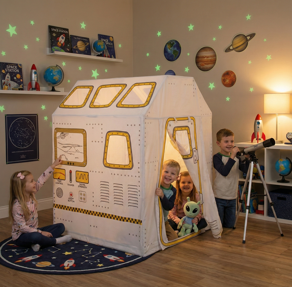 Children playing inside Space Station Play Tent with space-themed room decor and mission control graphics