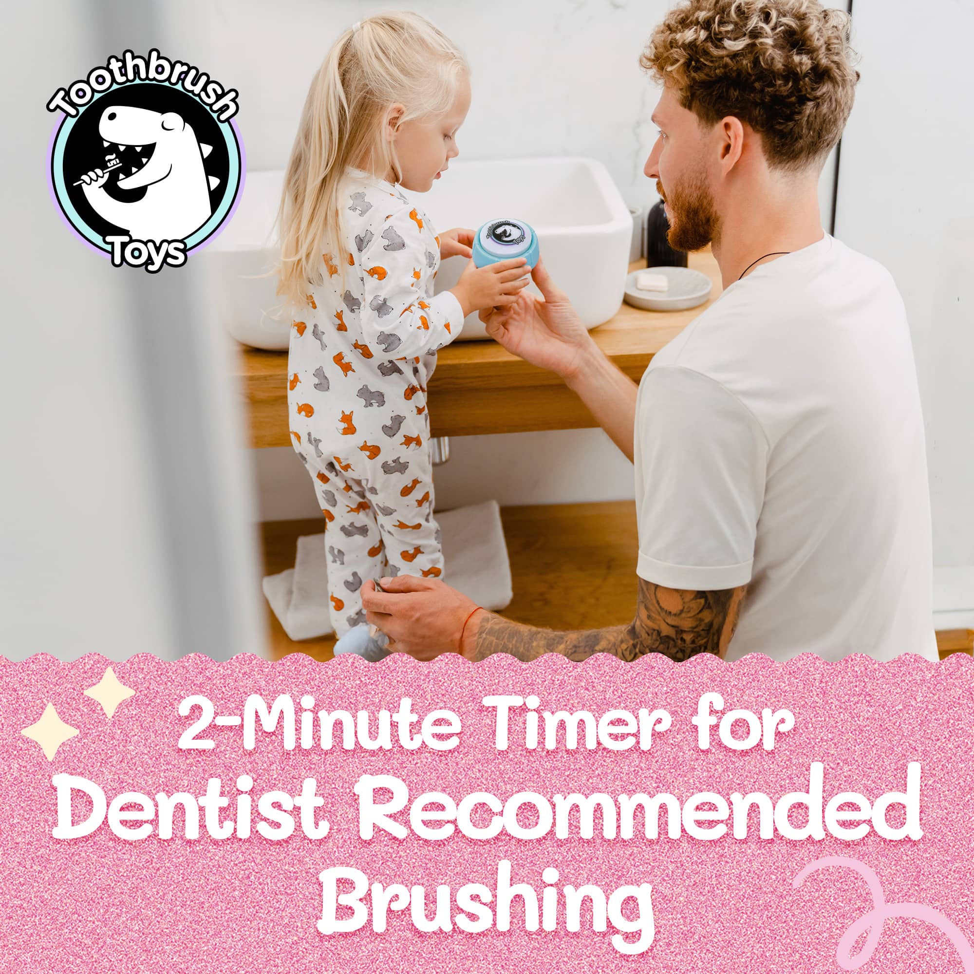 Parent and child brushing teeth together using 2-Minute Kids Toothbrush Timer on bathroom counter