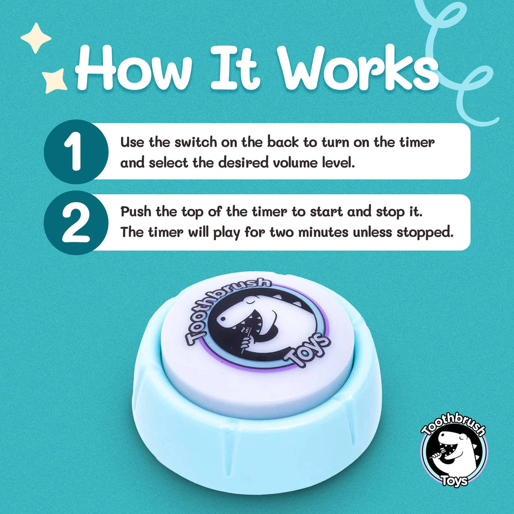 How to use the 2-Minute Kids Toothbrush Timer — switch on, press top, plays music for 2 minutes