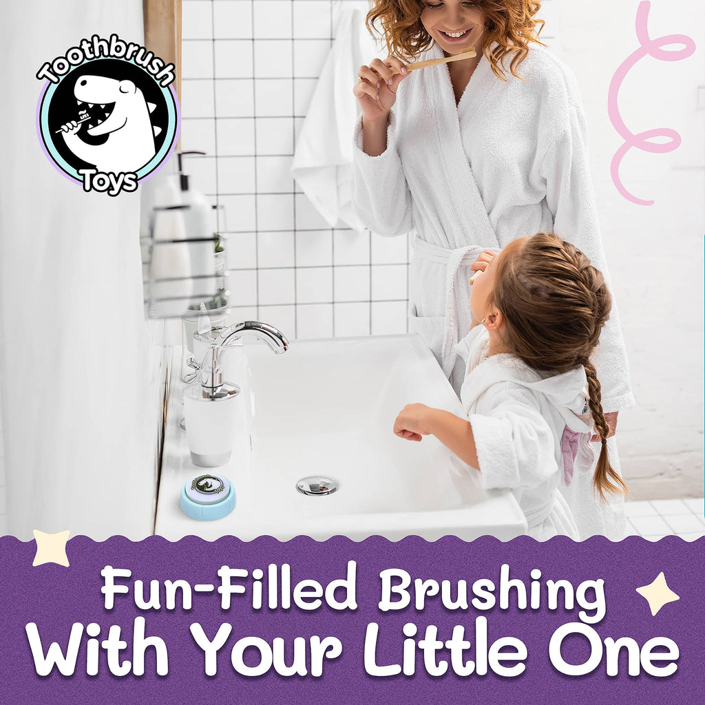 Parent and child brushing teeth together using 2-Minute Kids Toothbrush Timer on bathroom counter