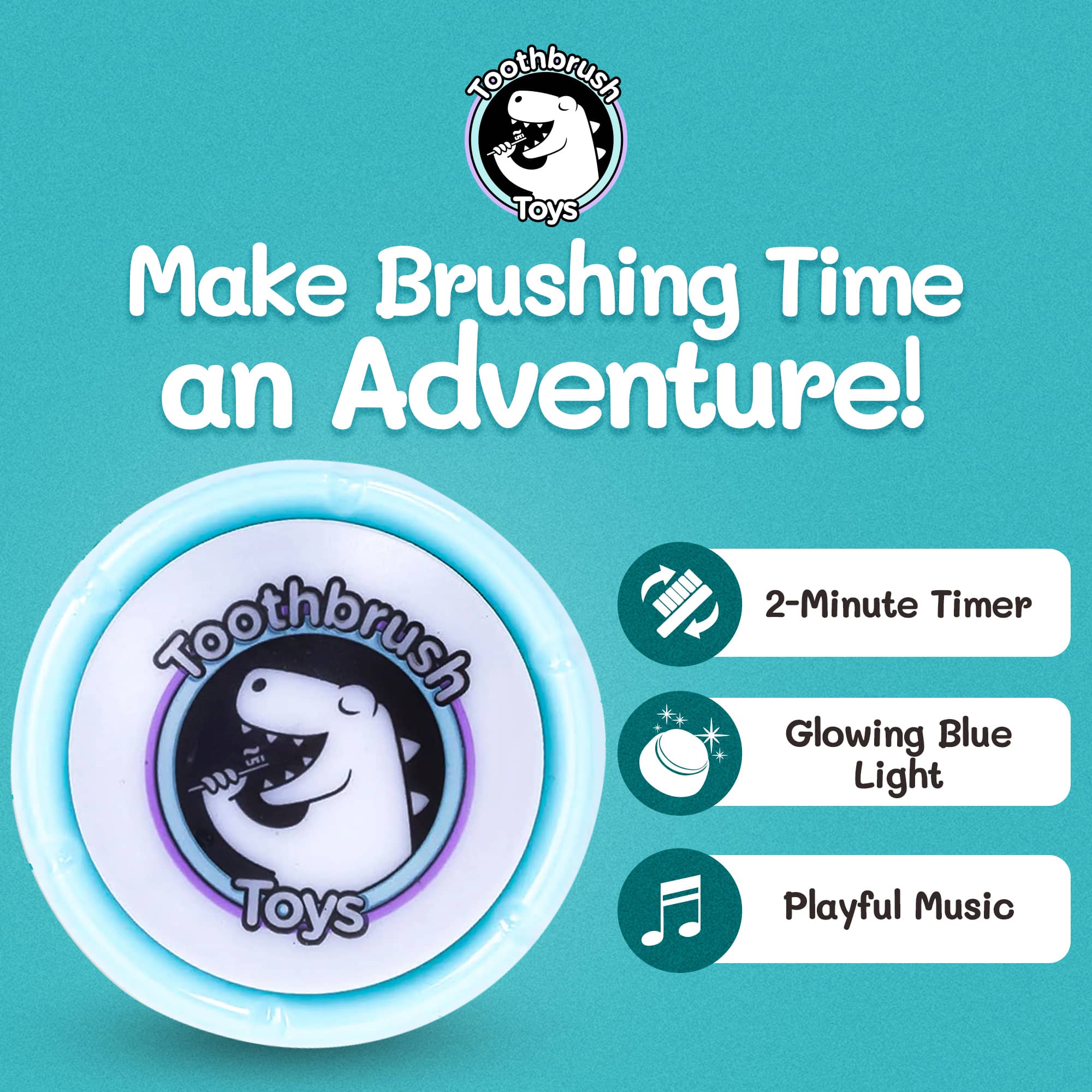 2-Minute Kids Toothbrush Timer by Toothbrush Toys with dinosaur design in teal packaging