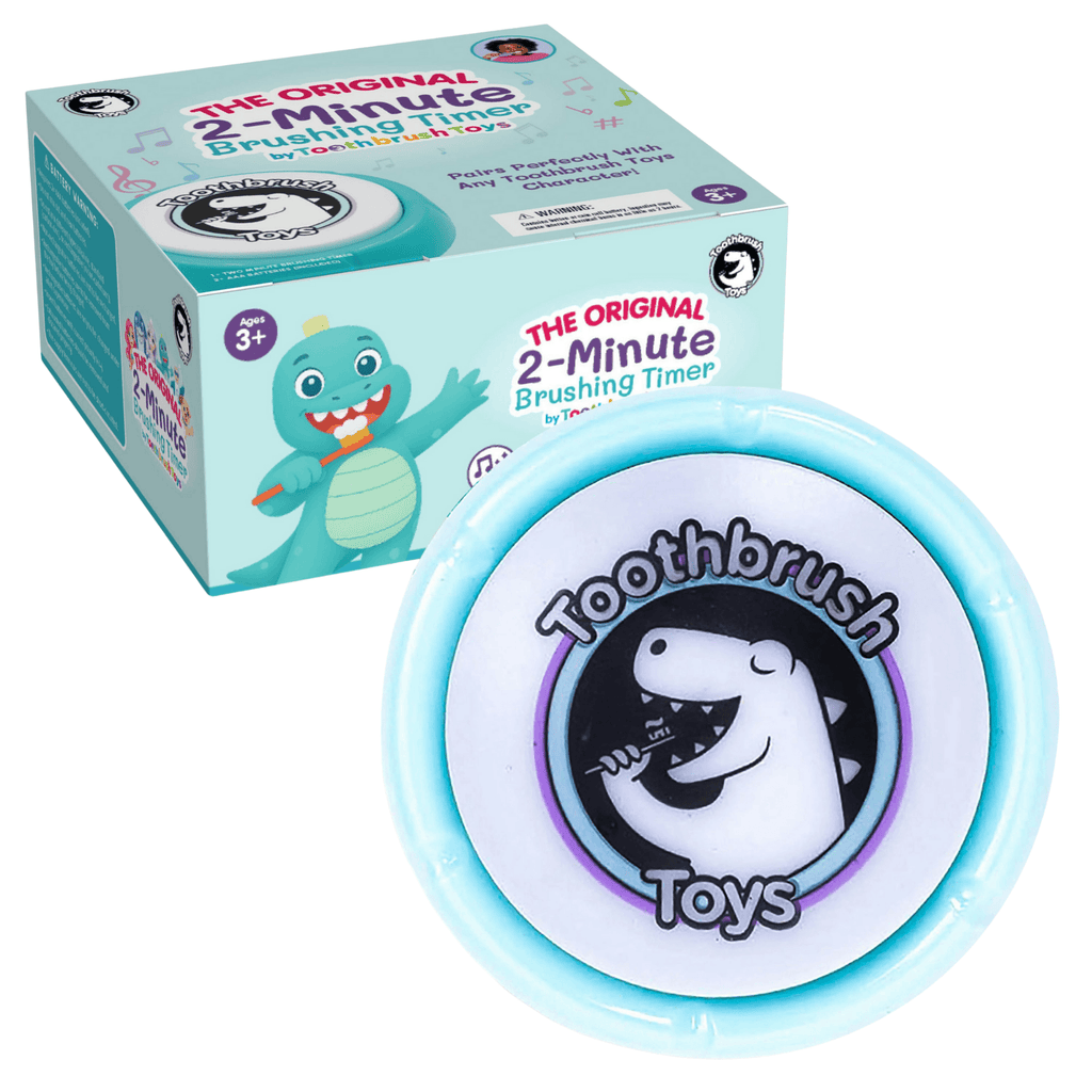 2-Minute Kids Toothbrush Timer by Toothbrush Toys with dinosaur design in teal packaging