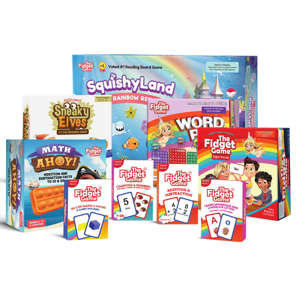 Squishyland board game grades 3 to 5 expansion pack shown alongside original game