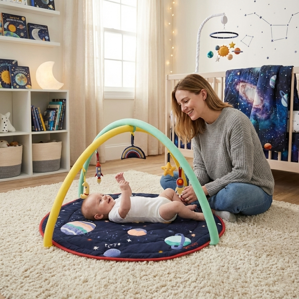 Mom and baby playing on Under the Stars baby play gym with star and moon celestial theme and hanging sensory toys