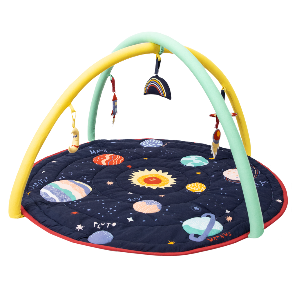 Under the Stars baby play gym mat with solar system and galaxy illustrations for tummy time