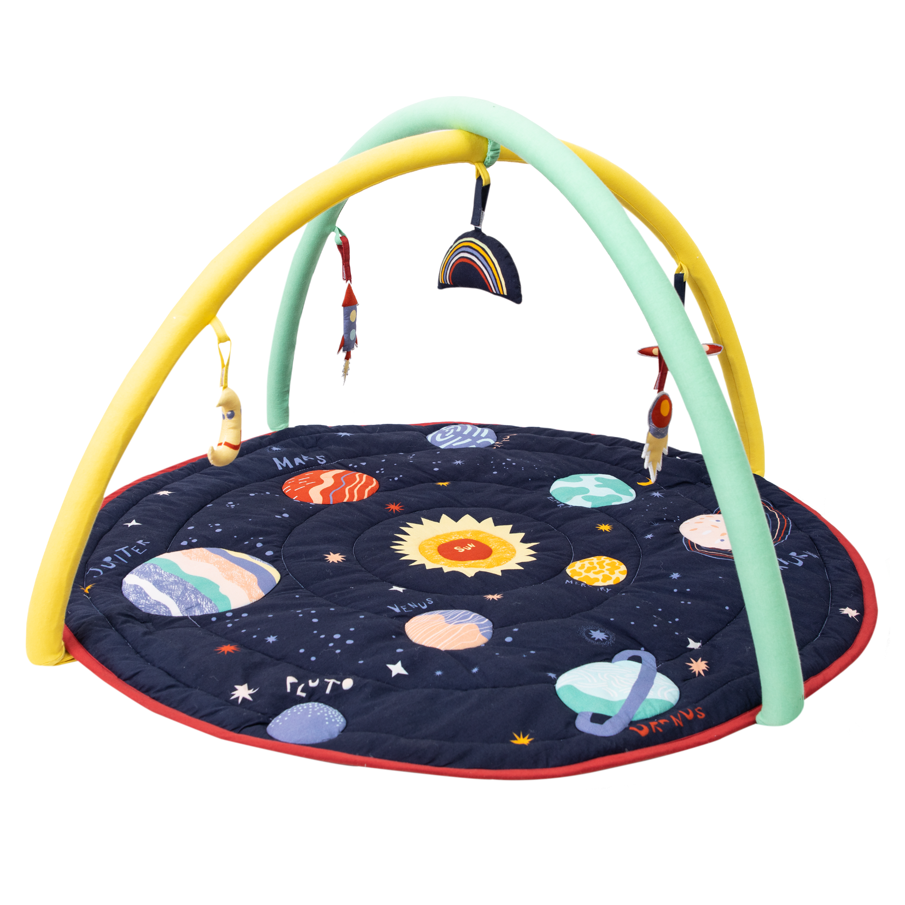Under the Stars baby play gym mat with solar system and galaxy illustrations for tummy time