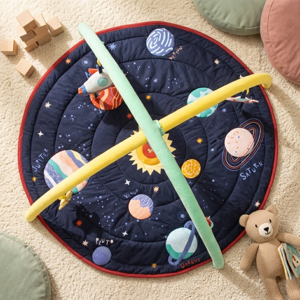 Under the Stars baby play gym mat with solar system and galaxy illustrations for tummy time
