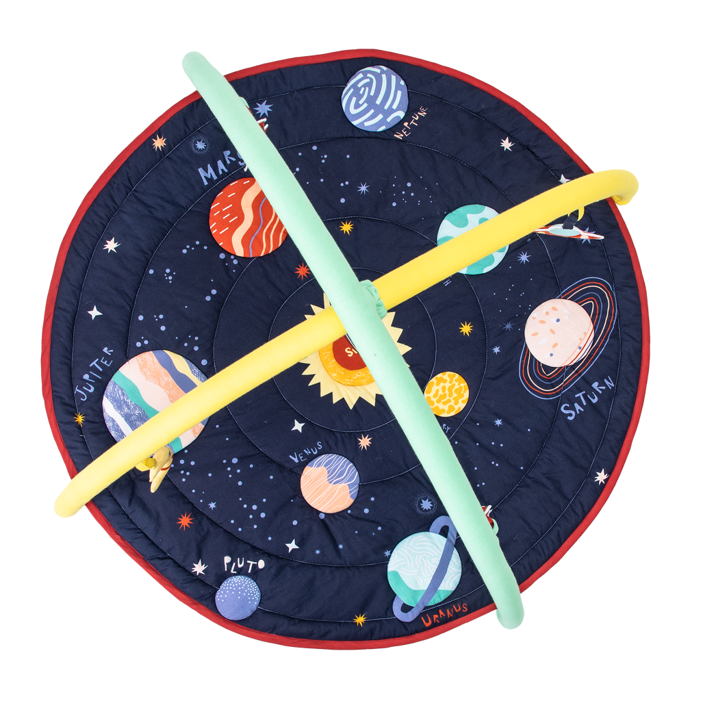 Under the Stars baby play gym mat with solar system and galaxy illustrations for tummy time