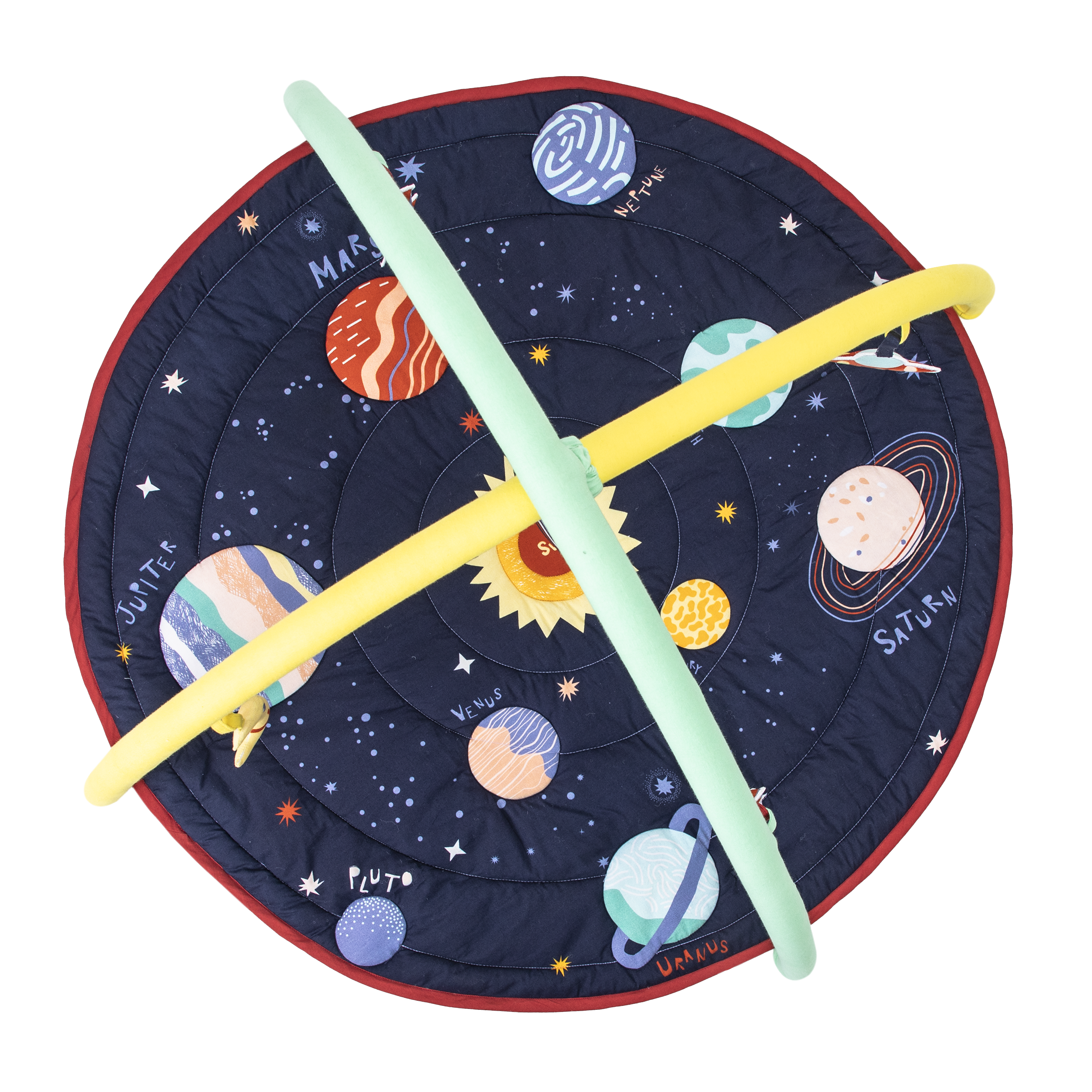 Under the Stars baby play gym mat with solar system and galaxy illustrations for tummy time