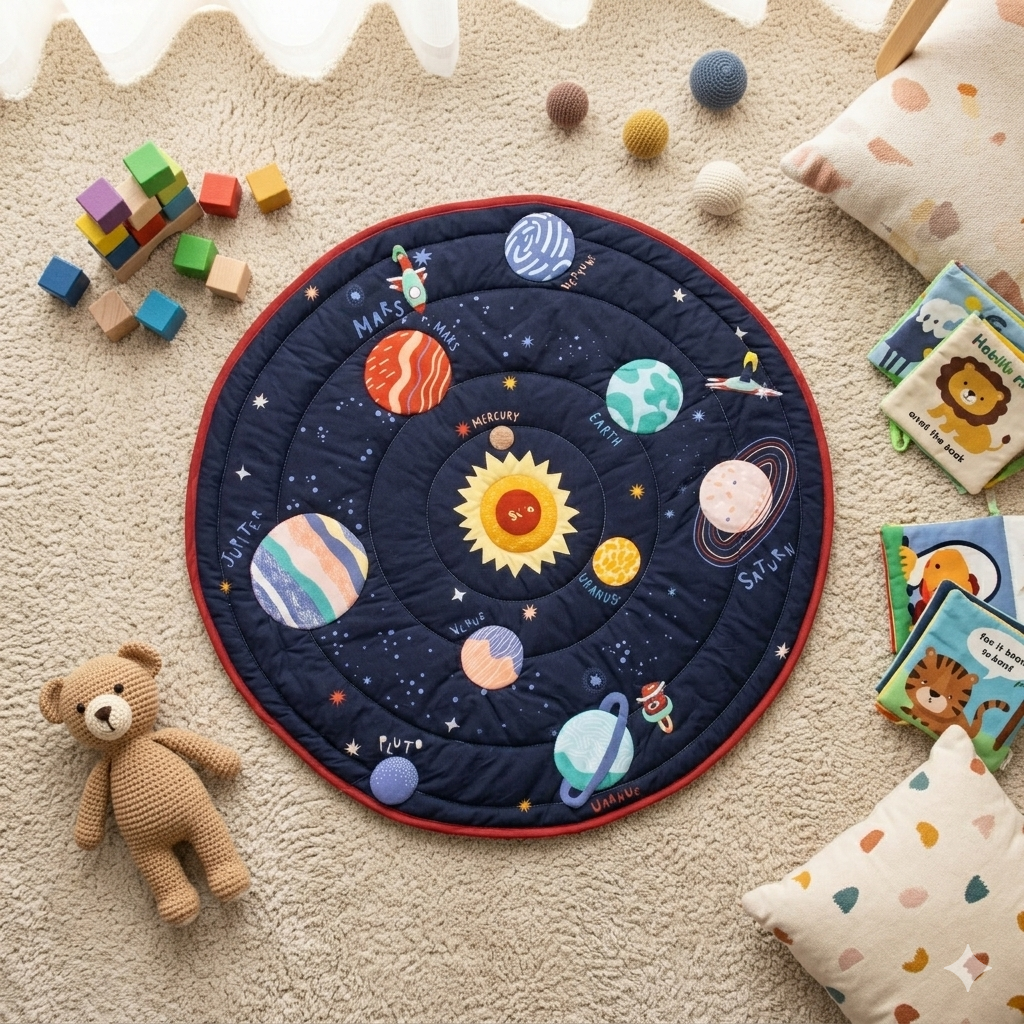 Under the Stars baby play gym mat with solar system and galaxy illustrations for tummy time