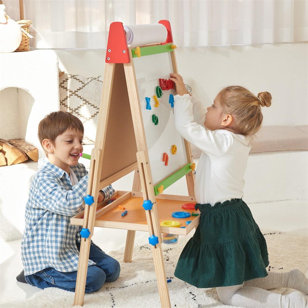 Child painting on Tiny Land art easel outdoors
Tiny Land easel showing full set of drawing tools included